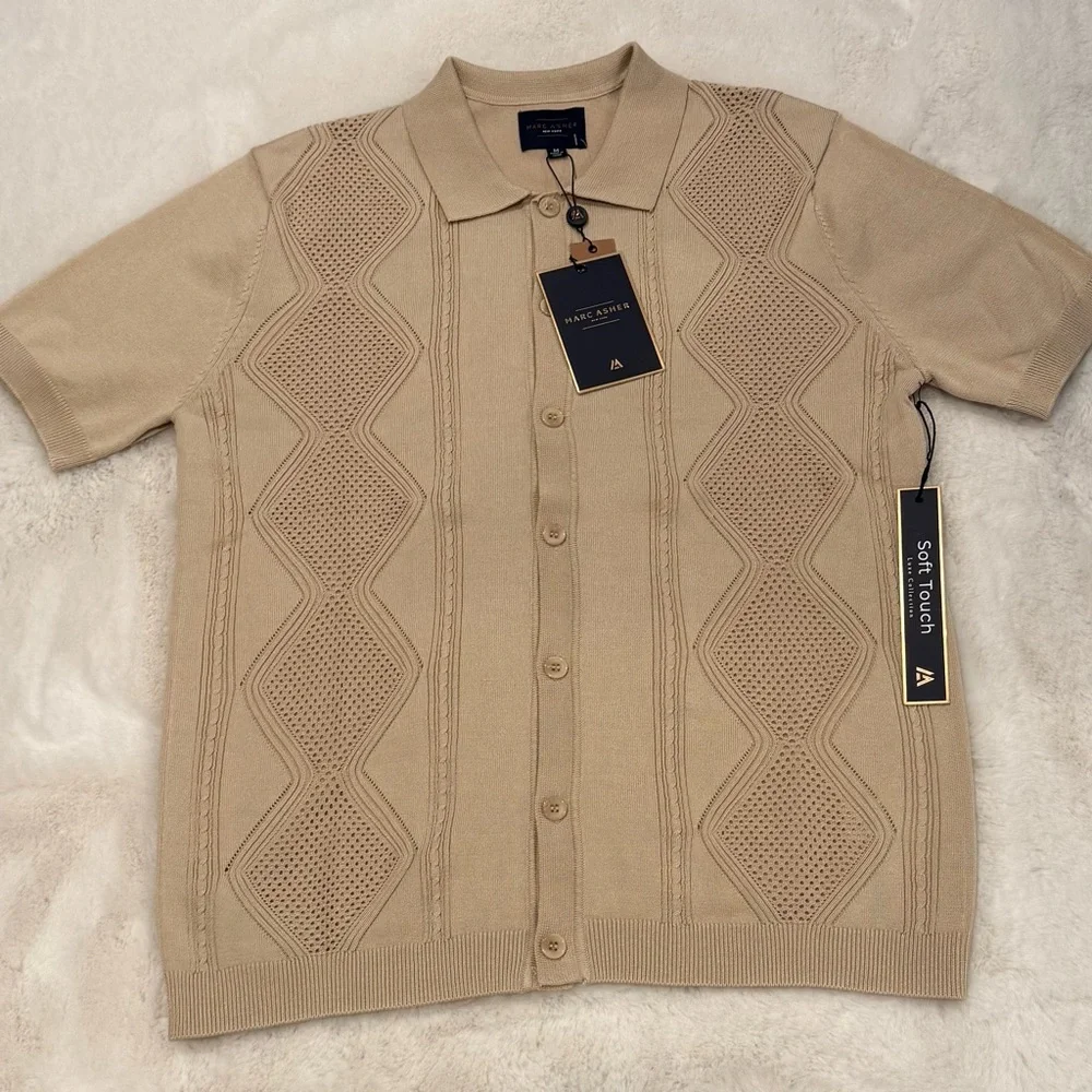 Marc Asher Men's Sand Knit Short Sleeve Button-Up Shirt Geometric Pattern M